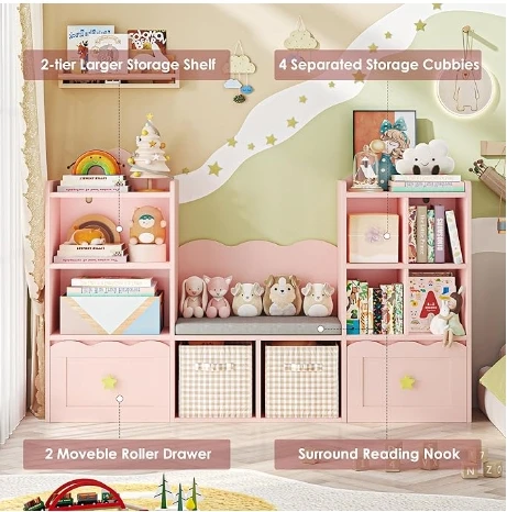 Bookshelf with Reading Nook, Kids Bookcase with Soft Cushion Seat, 2 Wheels Drawers and 8 Storage Cubbies, Toy Storage Orga