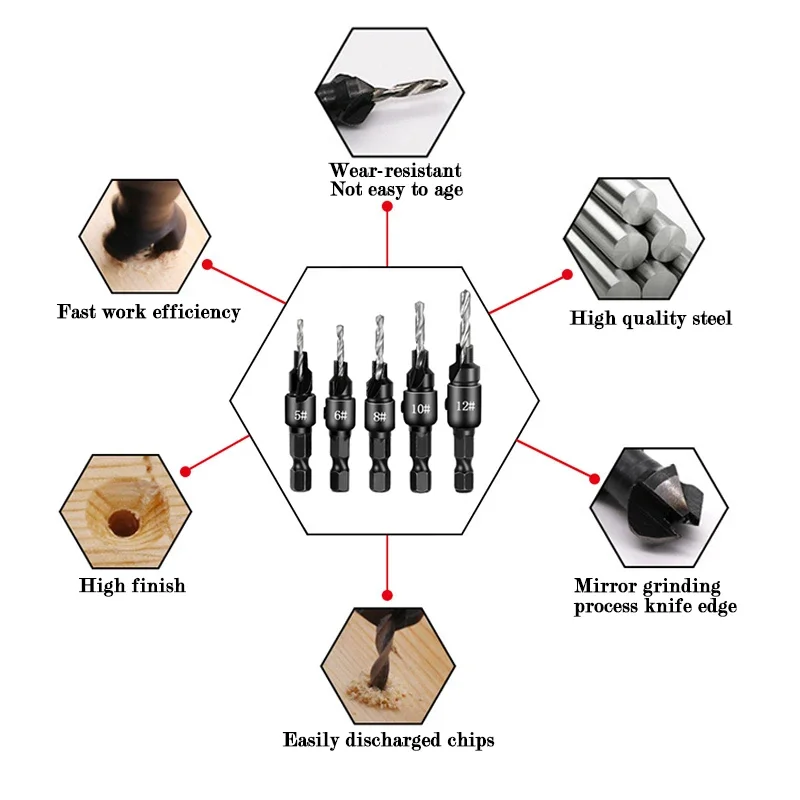 5pcs Woodworking Hole Opener Set HSS with 1/4 Inch Hexagonal Countersink Drill Bit Taper Hole Drilling Reaming Chamfering Tools