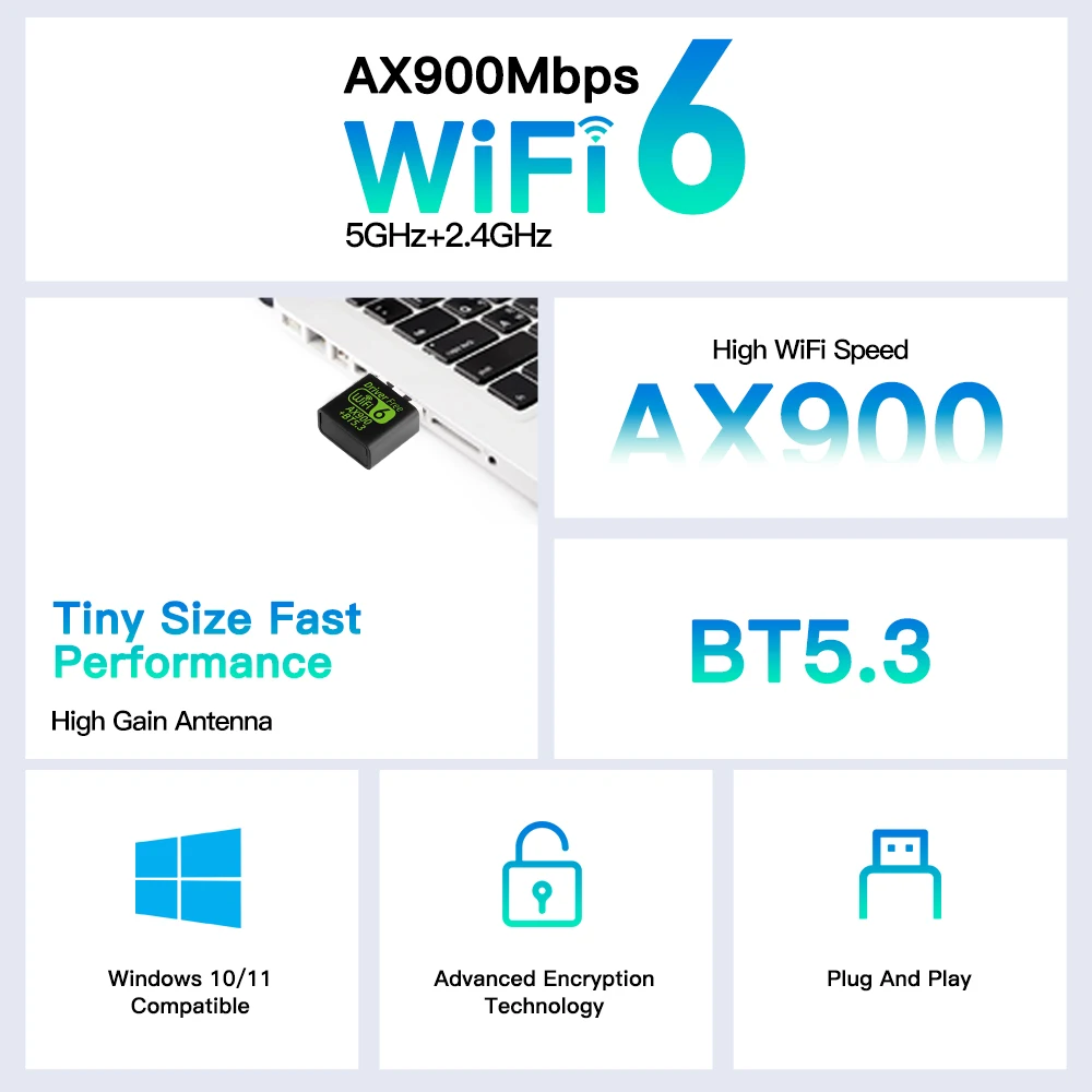 WiFi 6 AX900 Bluetooth 5.3 WiFi USB-адаптер Беспроводная сетевая карта 2,4G и 5 ГГц Wi-Fi Прием USB для ПК/ноутбука Win10/11 Драйвер бесплатно