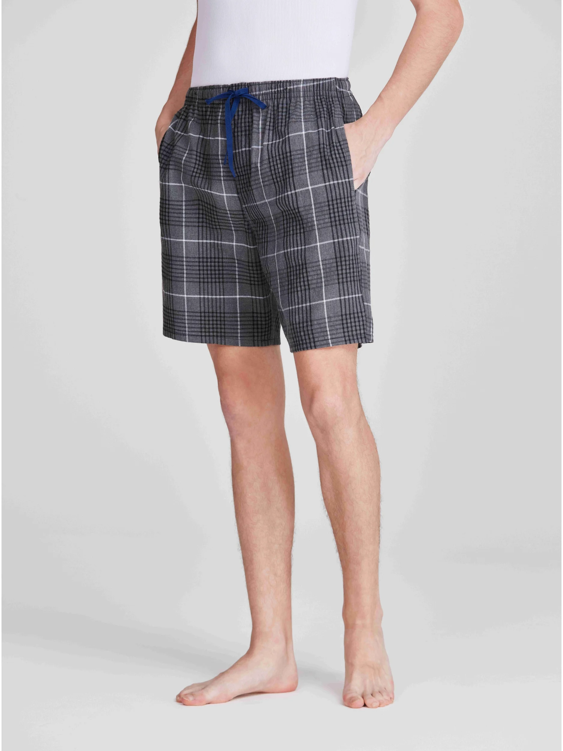 3 peças calças de pijama masculinas tecido 100% algodão clássico xadrez shorts pijamas casuais confortáveis com botão e bolsos com cordão