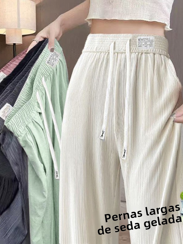 Calças de Perna Larga em Seda Gelada Slim Fit para Mulheres, Verão, Finas, Casuais, de Cintura Alta, Soltas, Modeladoras, Ret...