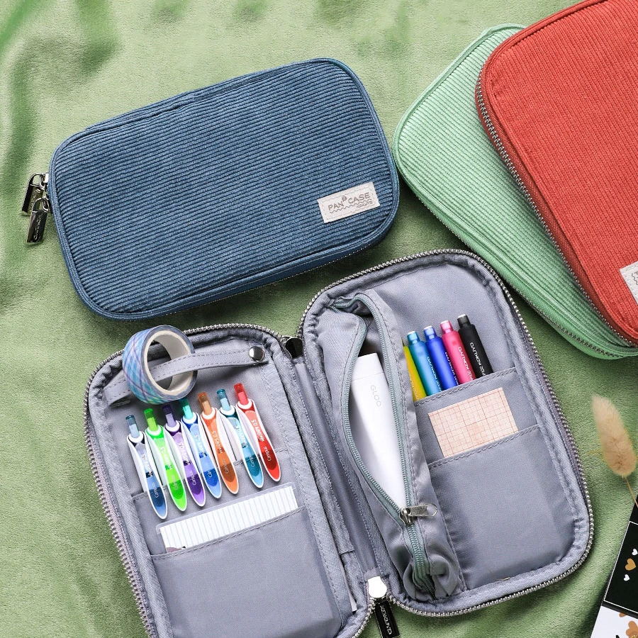 Kokuyo-funda de pana plana abierta con múltiples bolsillos, bolsa para lápices, bolsa de almacenamiento, bolso F7025