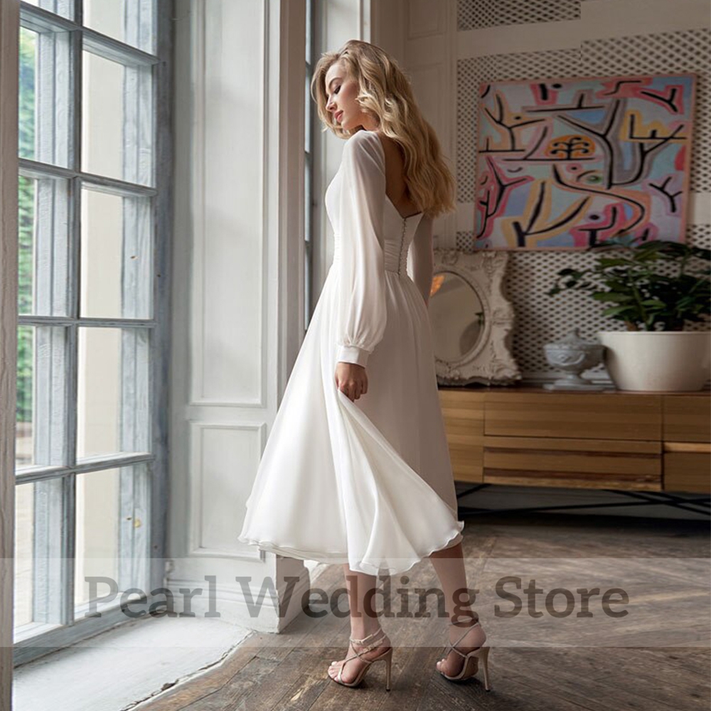 Simple Chiffon Tea-Length Wedding Dress Sweetheart and Long Sleeve Side Split Bride Gowns Sexy Backless Pleat Bridal Customized