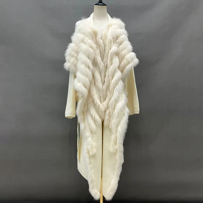 女性のためのキツネの毛皮のトリムベルト付きニットカーディガン,ロングコート,女性のファッションセーター,秋冬,2024