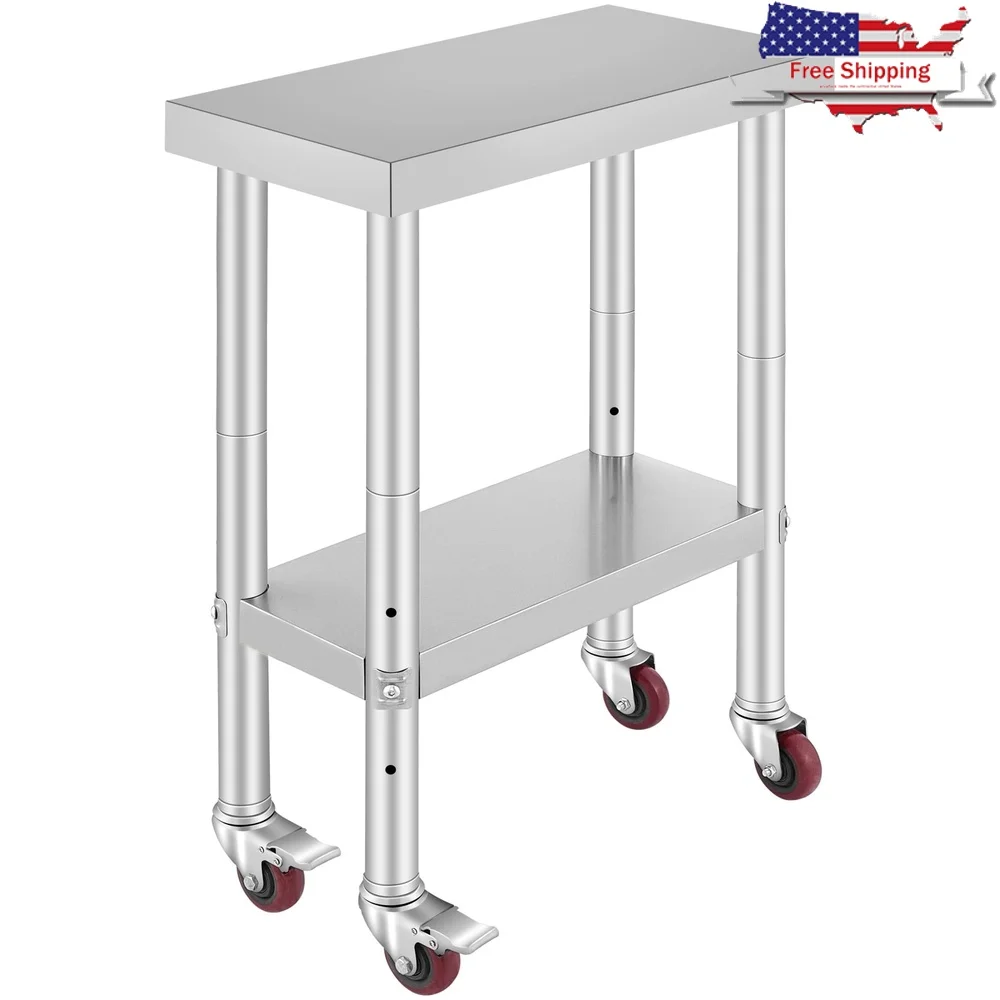 Stainless Steel Kitchen Prep Table with Wheels Adjustable Undershelf Commercial Work Table Restaurant Home Use 330lbs Capacity
