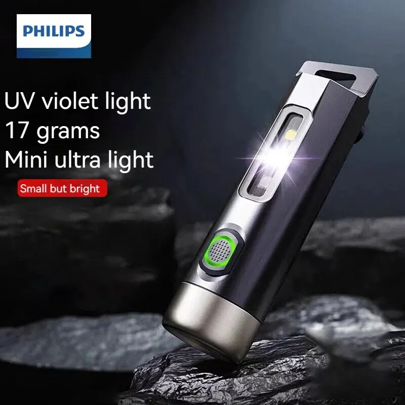 Philips ใหม่ล่าสุดไฟฉายแบบพกพา LED แสง UV แบบชาร์จไฟได้ไฟฉายขนาดเล็กโคมไฟตั้งแคมป์สําหรับการเดินป่าป้องกันตัวเอง