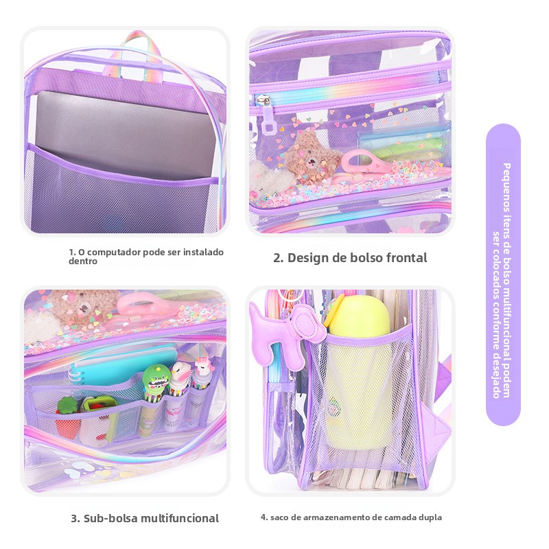 Mochila Transparente Estilosa com Estampa de Desenho Animado para Als do Ensino Fundamental e Médio, Mochila de Ombro Dupl...