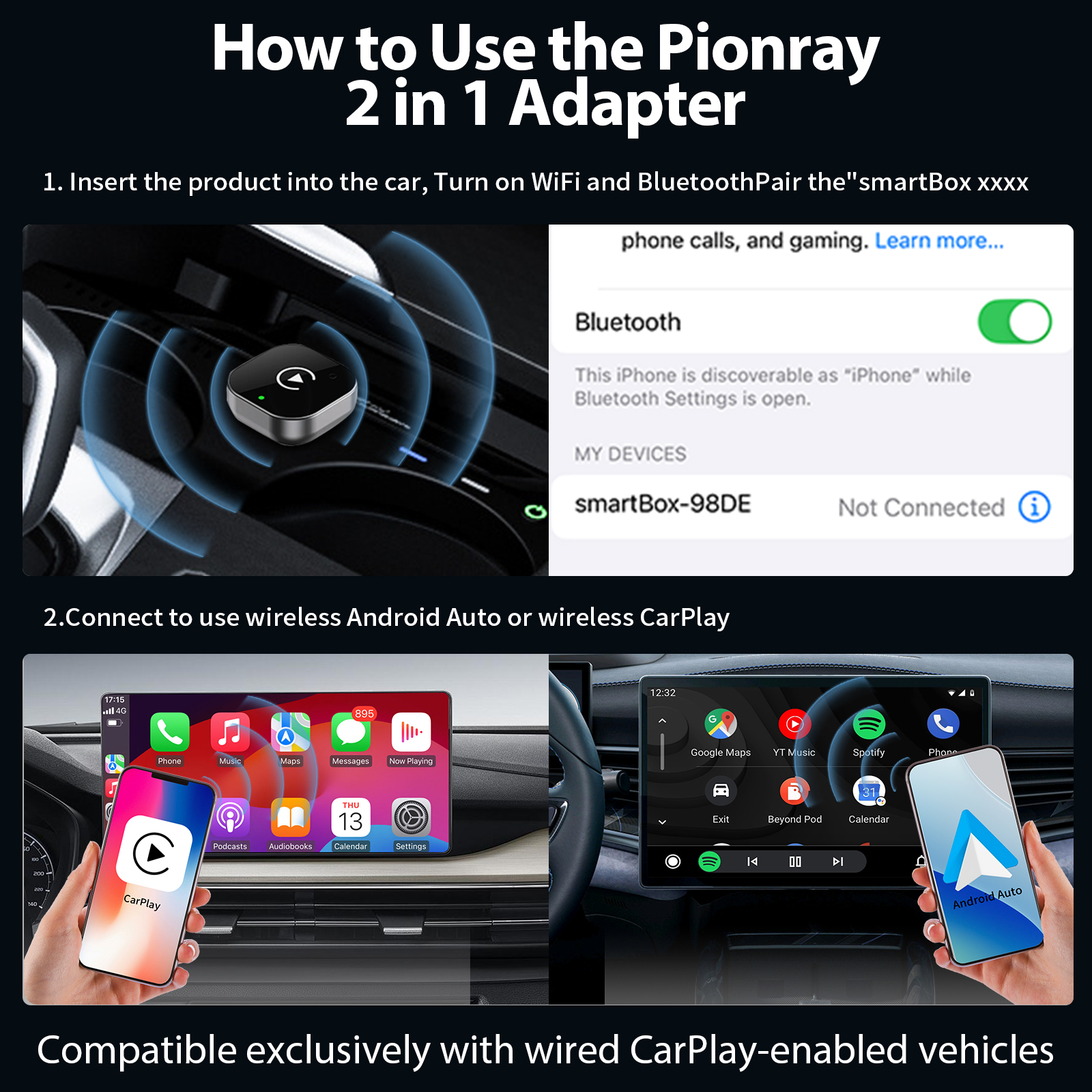 Nuevo Adaptador CarPlay inalámbrico Pionray 2 en 1 y adaptador inalámbrico automático Android, 5Ghz WiFi tipo C/USB Plug Play CarPlay inalámbrico
