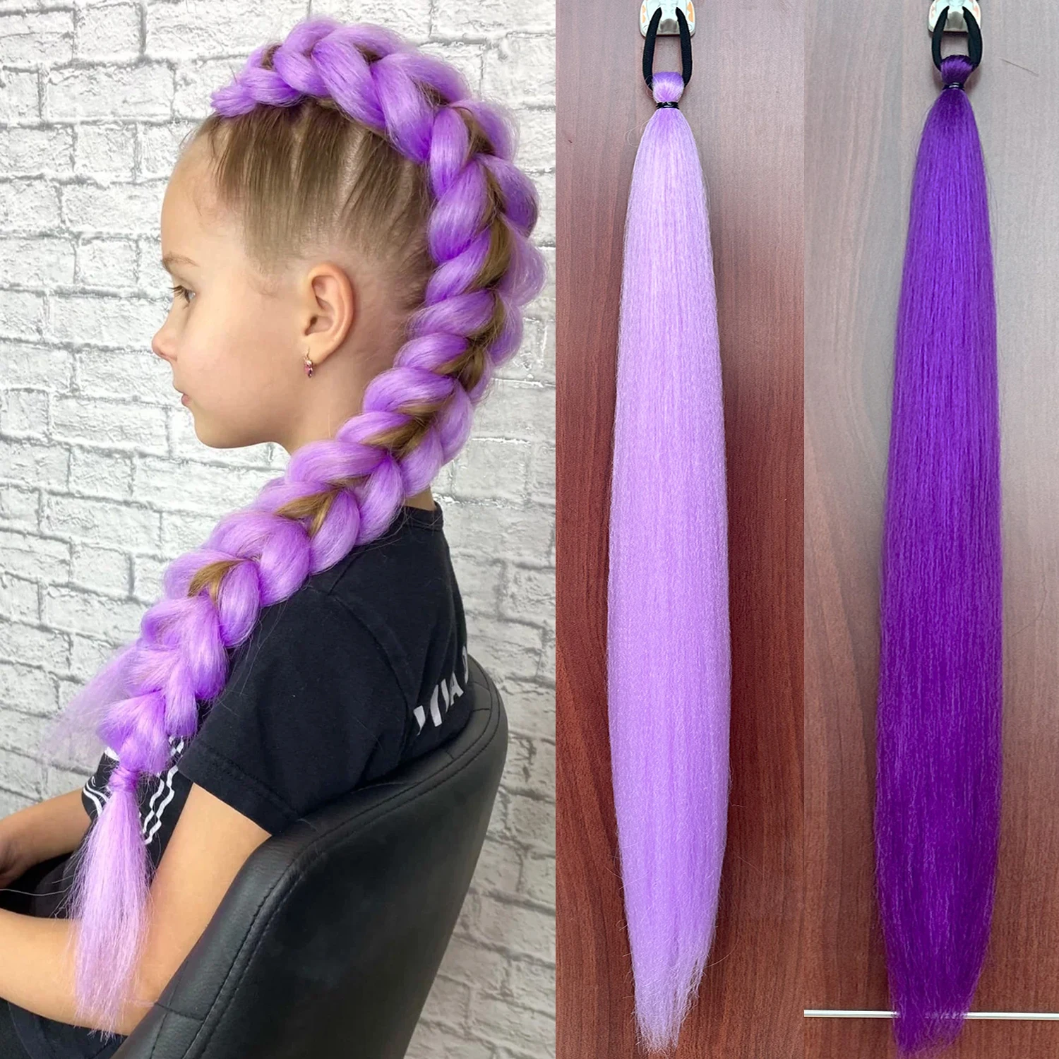 Cola de Caballo recta larga sintética de 28 pulgadas, cola de caballo trenzada púrpura DIY con banda de goma, accesorios para el cabello de Halloween para mujer