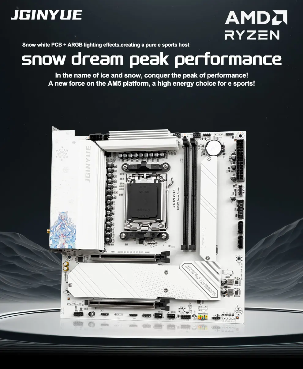 JGINYUE B650M Schnee Traum AM5 DDR5 ARGB M-ATX Motherboard Für Gaming PCIe 4,0 × 4 M.2 Für CPU 9700X/9900X/7800X3D Gaming PC DIY