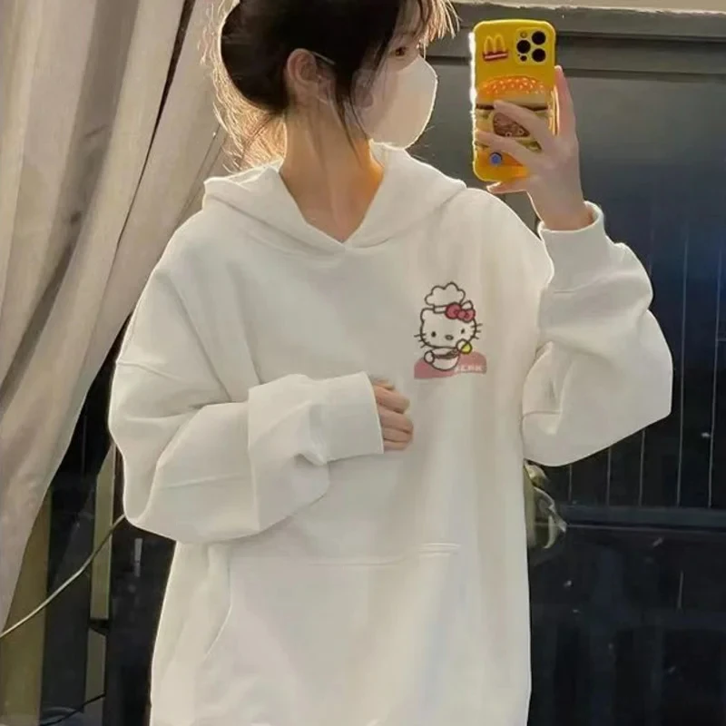 Sudadera Y2K para mujer, Sudadera con capucha con patrón Kawaii Sanrio Hello Kitty, estilo coreano para mujer, Top holgado y cálido para otoño e invierno