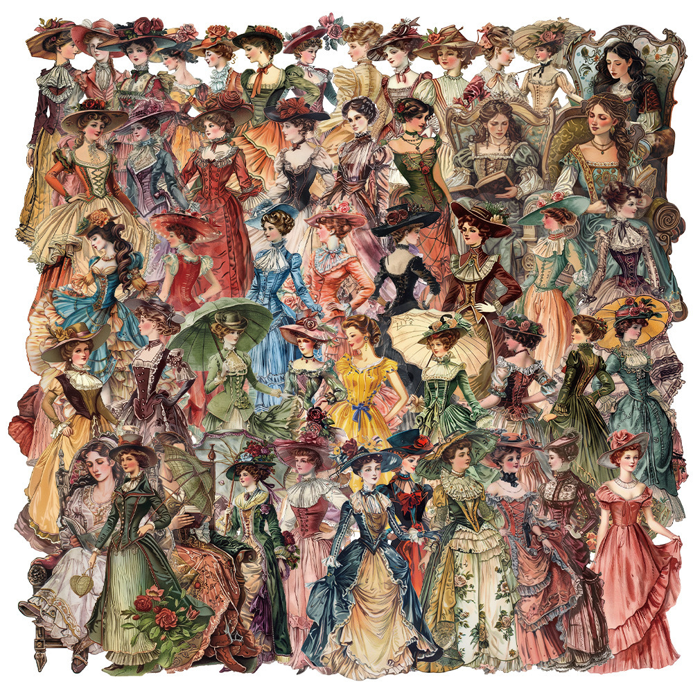 50 peças adesivos de personagens europeus e americanos vintage para telefones celulares, laptops, copos, molduras de fotos, adesivos decorativos diy