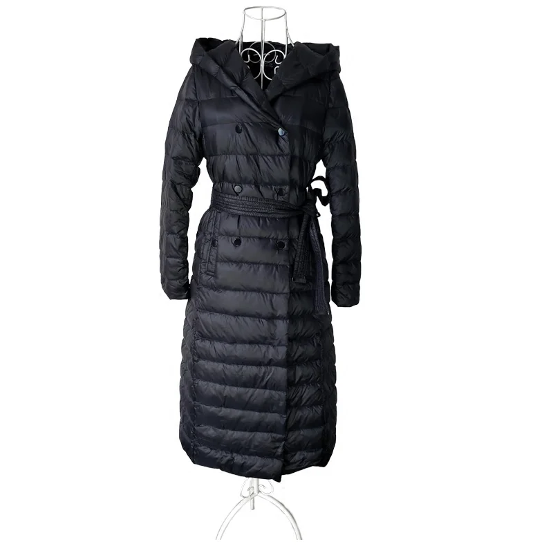 Dames ultralichte donsjassen Slanke capuchon Extra lange dames witte eendendons gewatteerde jassen Warme eendendonsparka's met riem JK-613