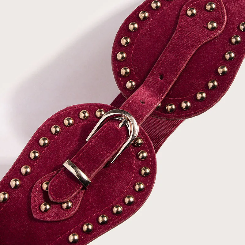Cinturilla elástica con remaches de gamuza para mujer, cinturilla elástica ajustable de estilo occidental