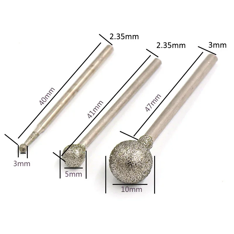 1/5/10Pcs Ball Round Diamond Burr Grinding Bits With 2.35mm/3mm Shank Ball Shape Polishing Head For Carving Dremel Rotary Tools