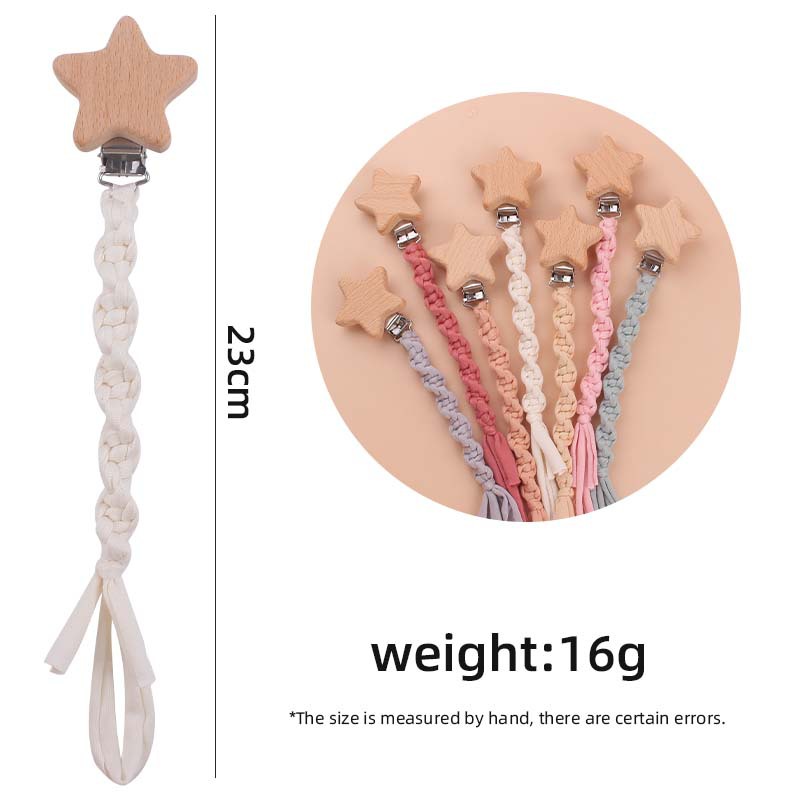 Baby Beech Wood Pentagram Pacifier Clip Handmade Woven Cotton Soother Nipple Chain For Baby Nursing Teether Chewing Toys Gift