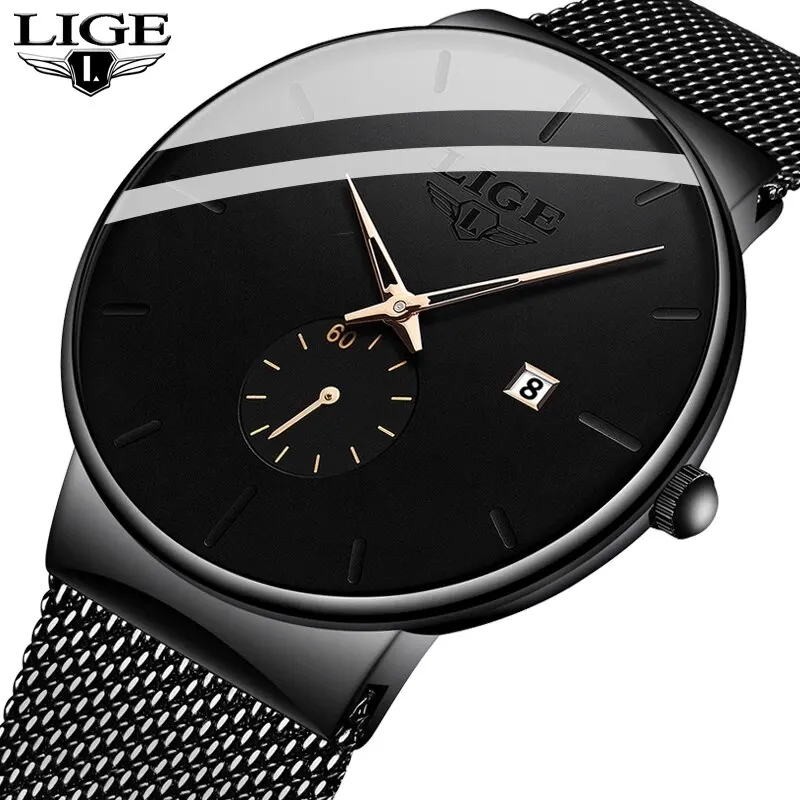 Lige mode herren uhren top marke luxus quarzuhr herren lässig schlank mesh stahl wasserdicht sport uhr relogio mascumino