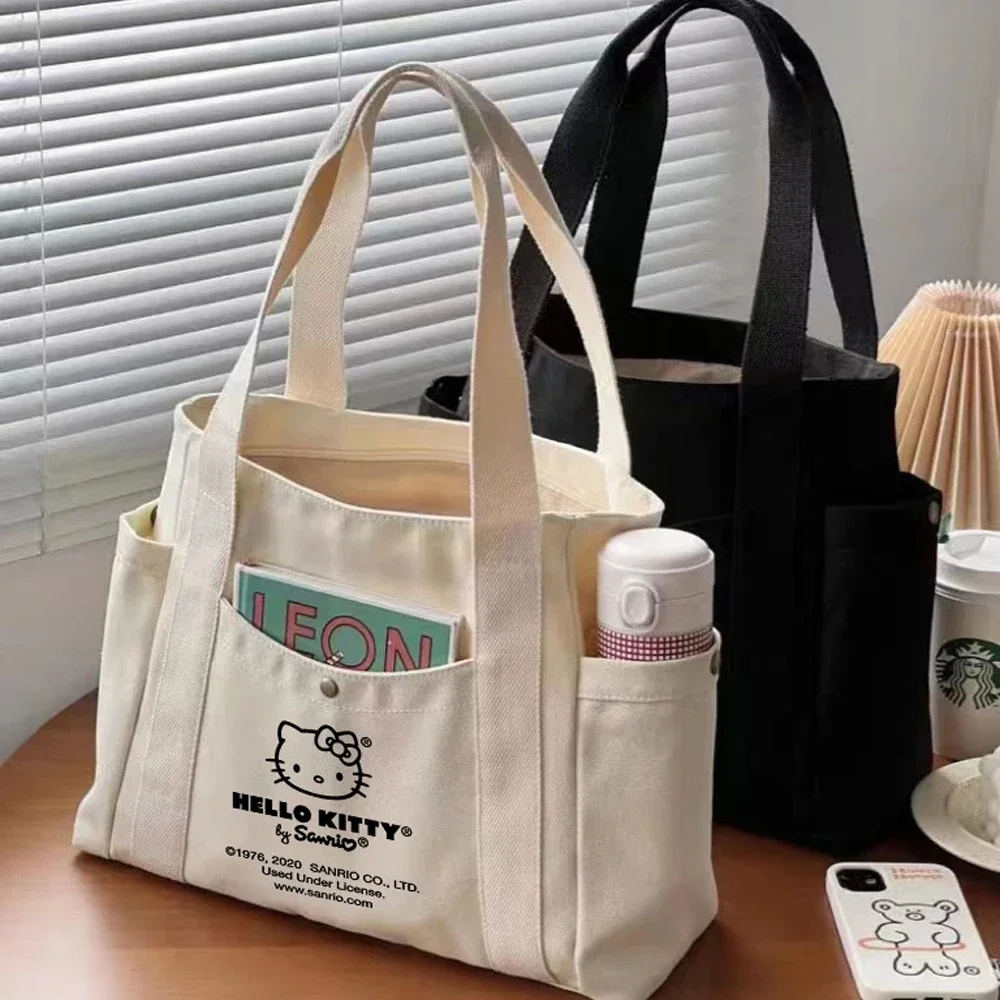 Bolsos de mano para mujer Hello Kitty, bolso de compras femenino Kuromi de lona de gran capacidad, bolso de hombro, bolso de diseñador de bolsillo, bolsos cuadrados