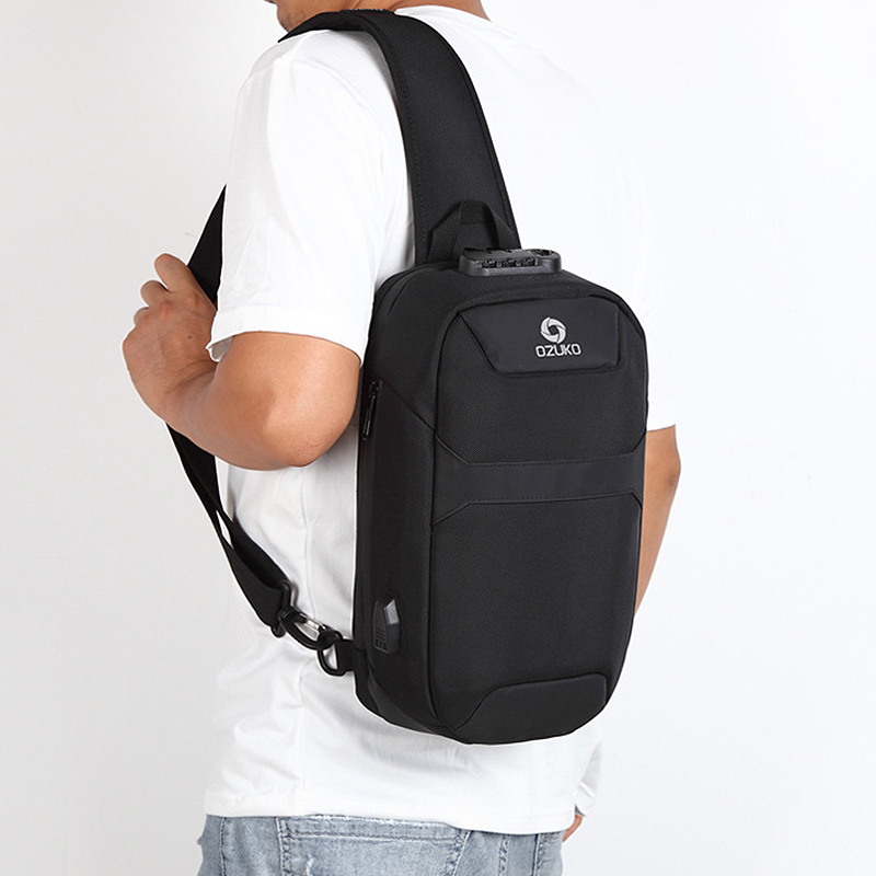 Ozuko Anti-Roubo Crossbody Bolsas para Homem, Impermeável, Carregamento USB, Pacote de Peito, Viagem Curta, Messenger Sling Bag, Ombro Saco Peito