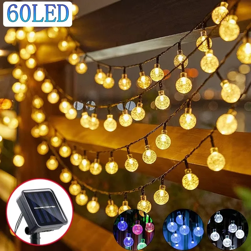 Guirnalda de luces LED con forma de globo de cristal Solar, 60 LED, 8 modos de iluminación, guirnalda navideña de luces de hadas IP65 para decoración de fiestas en el jardín, 1 ud./2 uds.