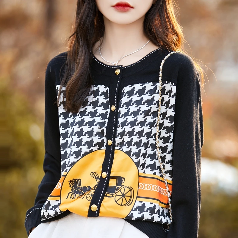 Spring And Autumn New Wool Coat Jacket Women's Long Sleeve Wide V-Neck Printed Stitching Sweater Thin Cardigan
