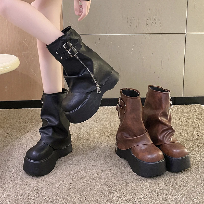 Botines de cuero suave para mujer, botas de media caña, plataforma alta, cuña, botines británicos, botas gruesas para motocicleta, 9CM, invierno, otoño