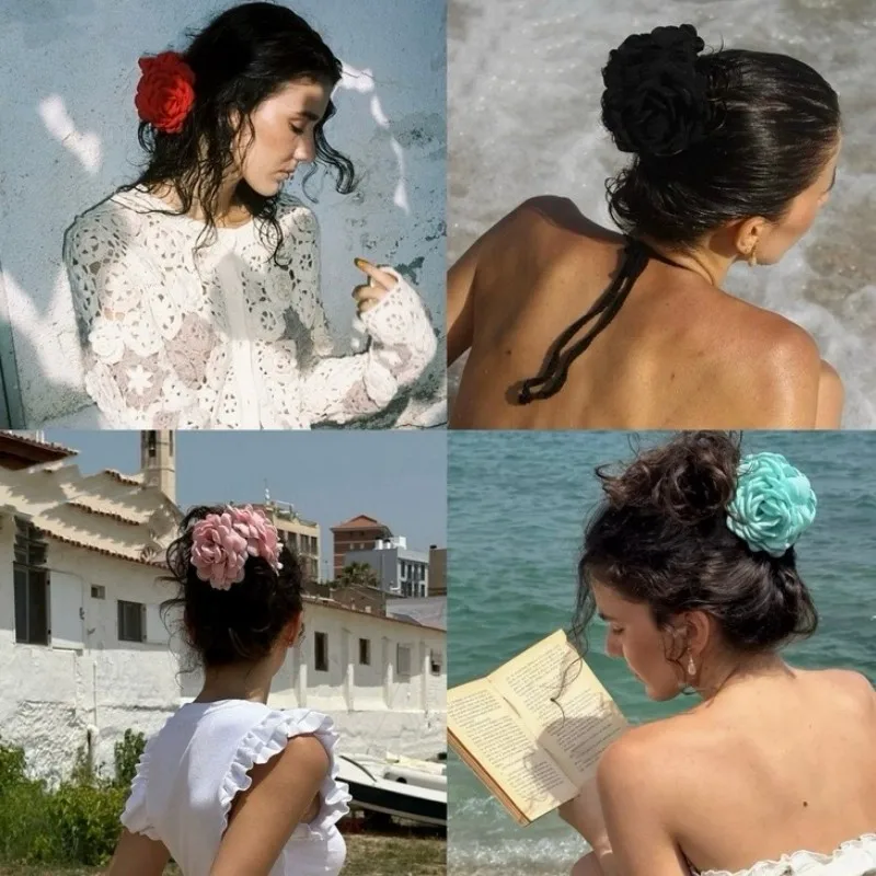 Grampo de cabelo tridimensional de alta qualidade com flor rosa estilo férias à beira-mar para mulheres