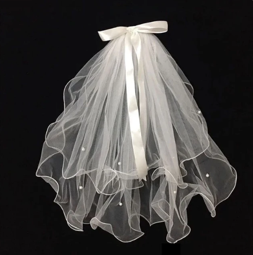 Véus de casamento de duas camadas com pente curto tule véu de noiva arco contas fita borda acessórios de casamento
