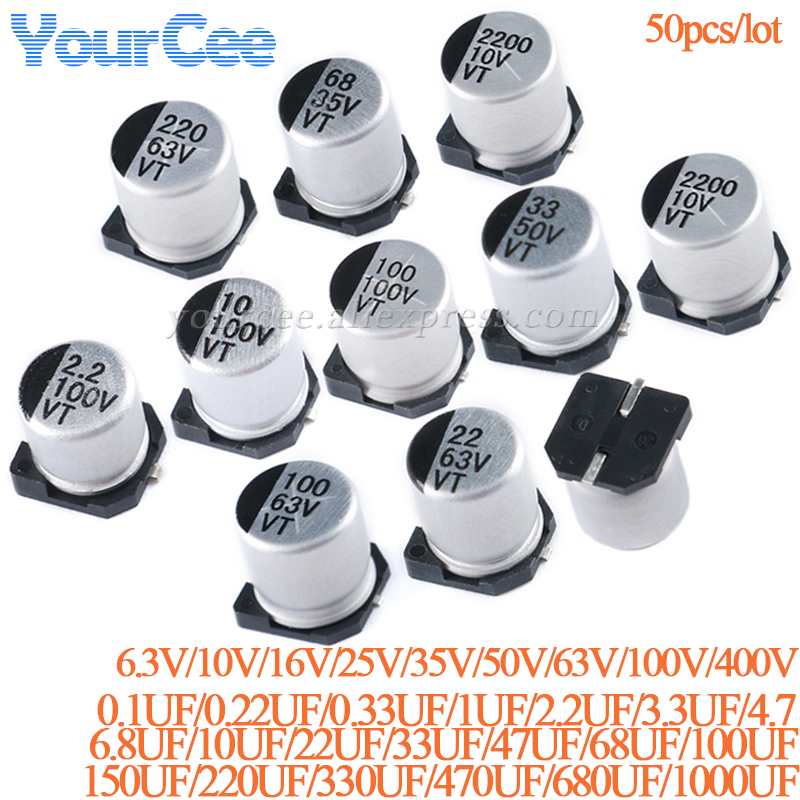 50 uds/10 Uds SMD condensador electrolítico de aluminio 6,3 V 10V 16V 25V 35V 50V 63V 100V 400V 1UF 4,7UF 10UF 47UF 100UF 470 680 1000UF