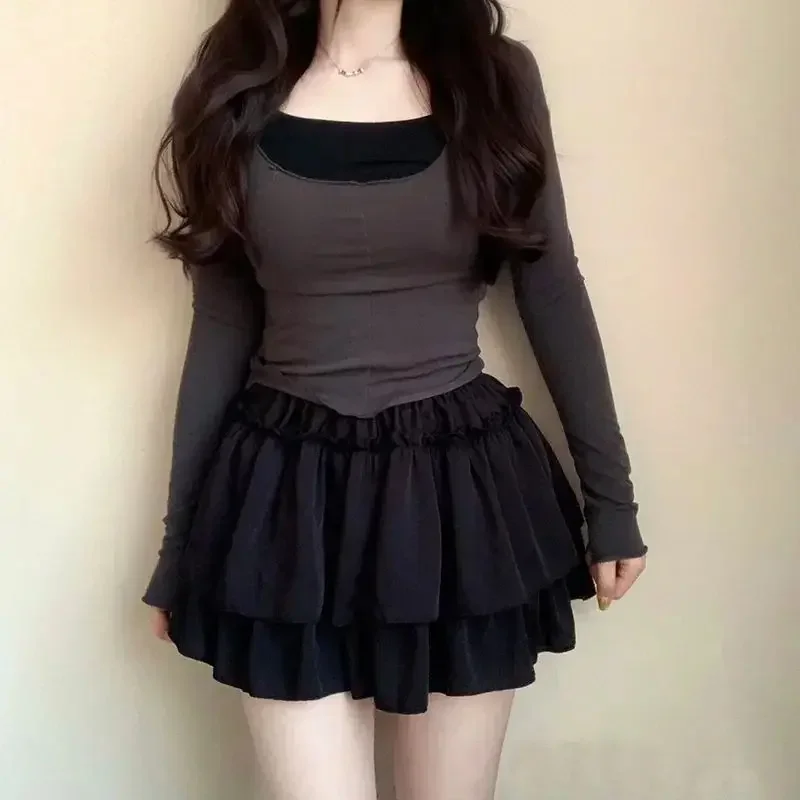 Falda Kawaii de verano con volantes blancos, Mini Faldas de gasa ajustadas a la moda para mujer, Faldas femeninas Y2k que combinan con todo, Faldas negras elásticas de cintura alta