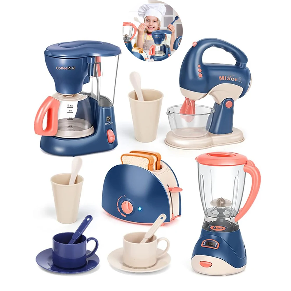 Mini Household Pretend Play Kitchen Appliances Toy Set with Coffee Maker Machine Blender Mixer and Toaster  for Kids Gifts
