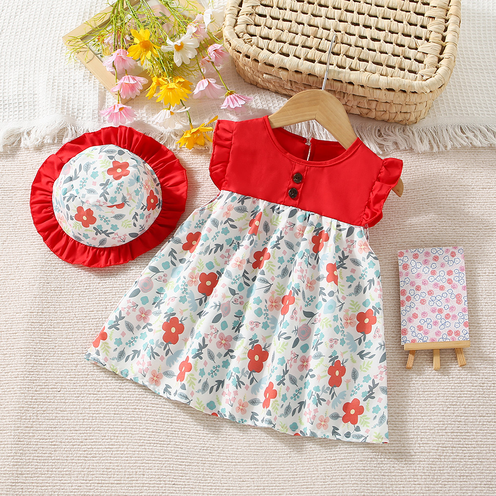 New Summer Baby Girl Floral Dress Girl senza maniche abito da compleanno neonato in puro cotone viene fornito con cappello da sole