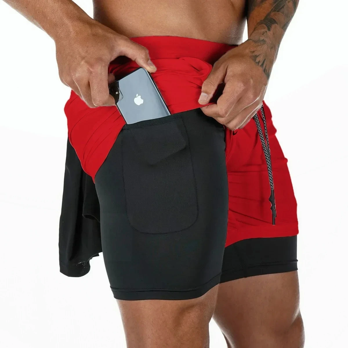 男性用速乾性スポーツショーツ,ダブルデッキ,バーサリー,ジム,トレーニング,トレーニング,ジョギング,夏用,2 in 1