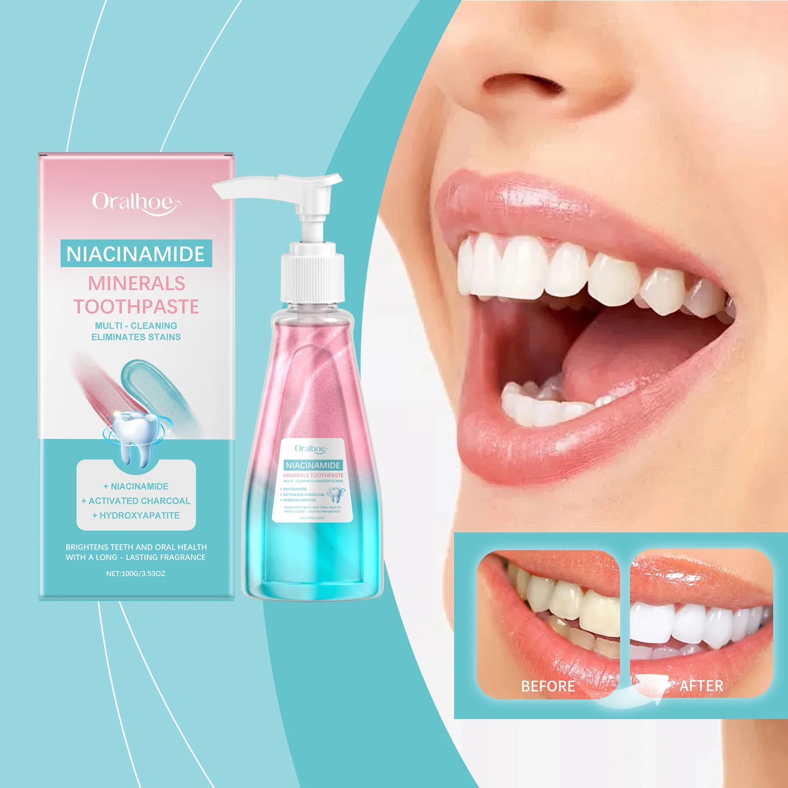 Dentifricio sbiancante al niacinamide Macchie dentali Rimozione Prevenire l'alito cattivo Pulizia orale Rinfrescante Riduce la placca Dentifricio