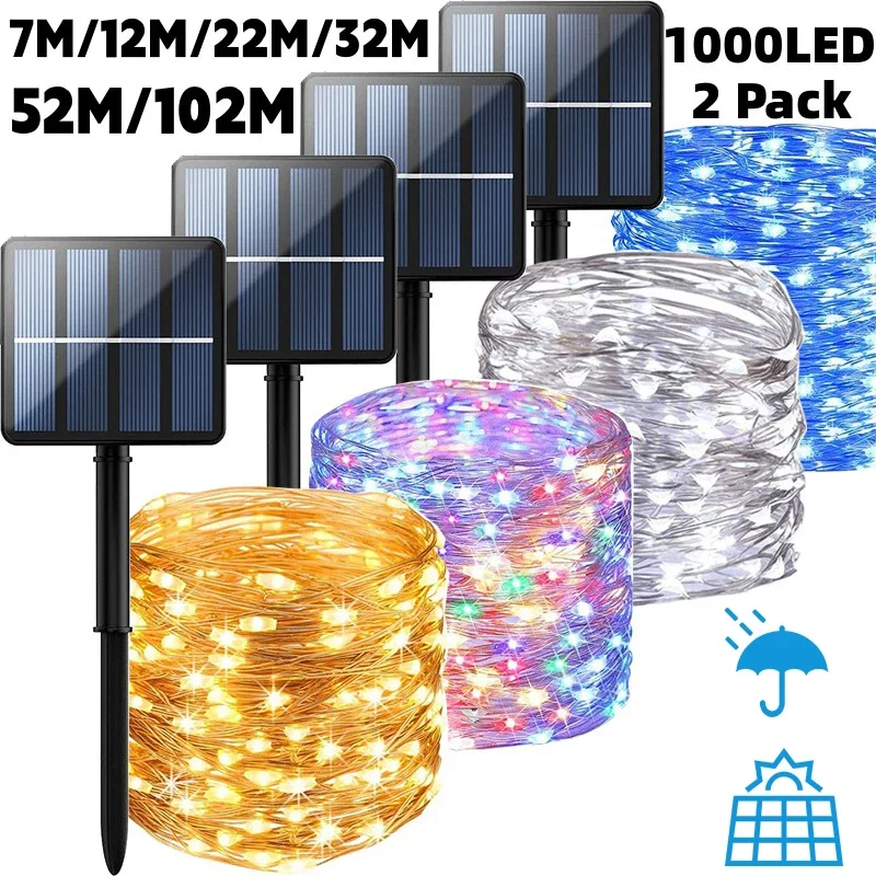 Lampki solarne LED zewnętrzne, girlanda, wodoodporne, łańcuch świetlny, girlanda uliczna na wesele, imprezę, 102M/52M/32m/22m/11m/7m
