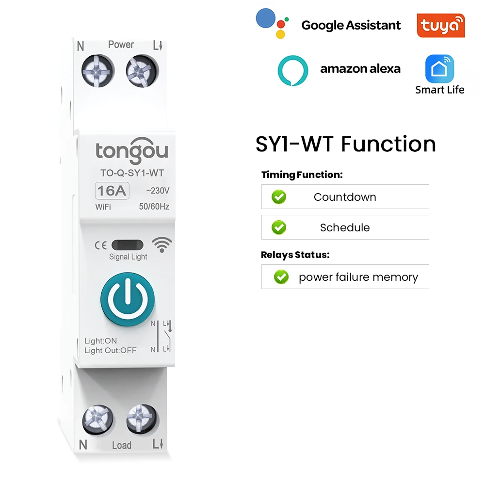 TUYA WIFI Smart Circuit Breaker With Metering 1P 50A 63A DIN Rail for Smart Home wireless Remote Control Switch by APP TONGOU
