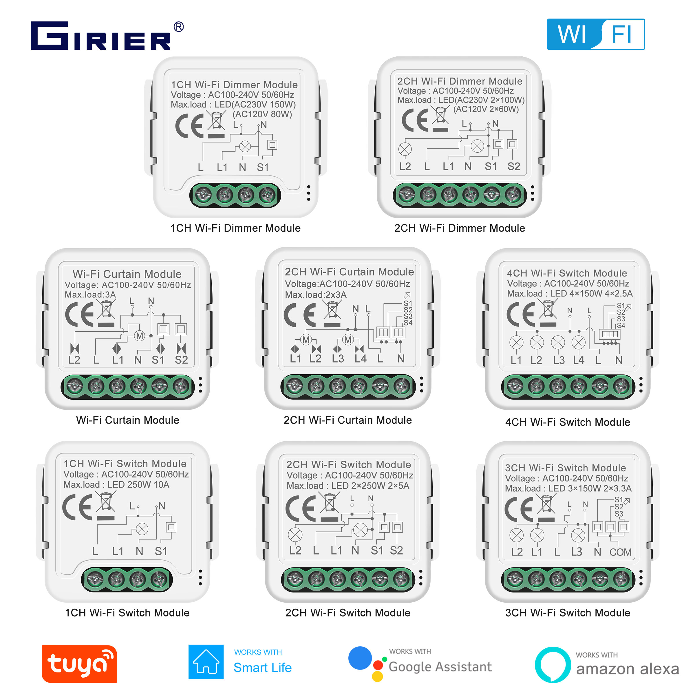 GIRIER Tuya Smart WiFi Модули переключателей света/занавеса/диммера Поддержка двухстороннего управления работает с Alexa Hey Google Alice Не требуется концентратор