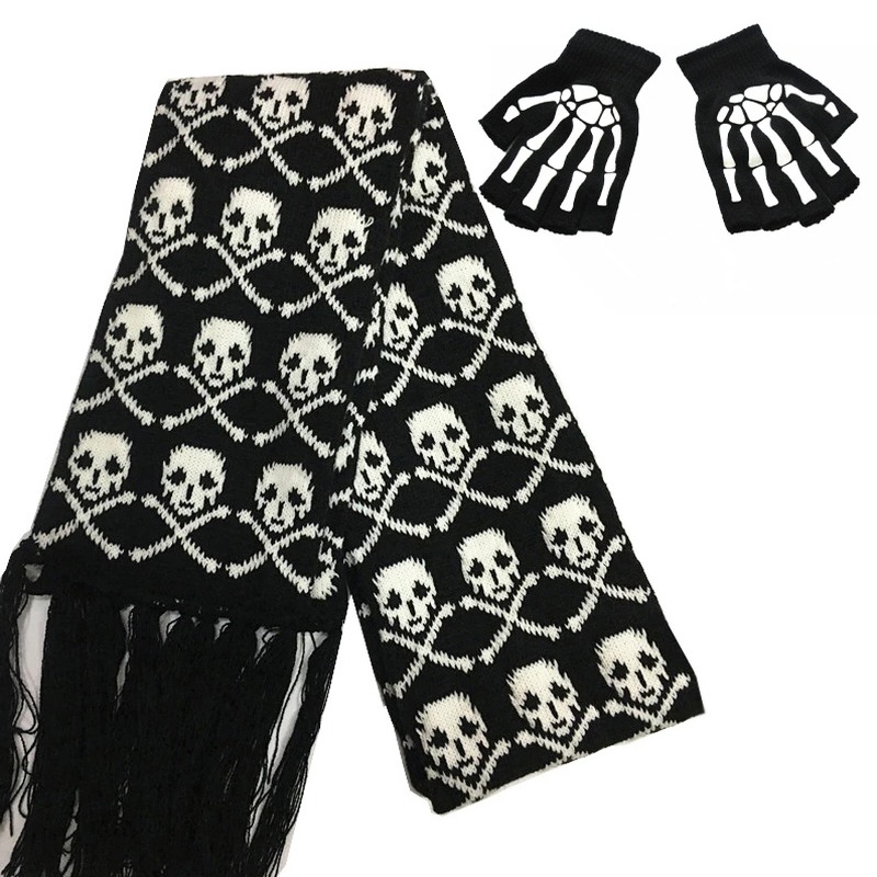 Bufanda de invierno tejida con calavera para hombre y mujer, bufandas con esqueleto, envolturas de fiesta con flecos negros, guantes luminosos con calavera