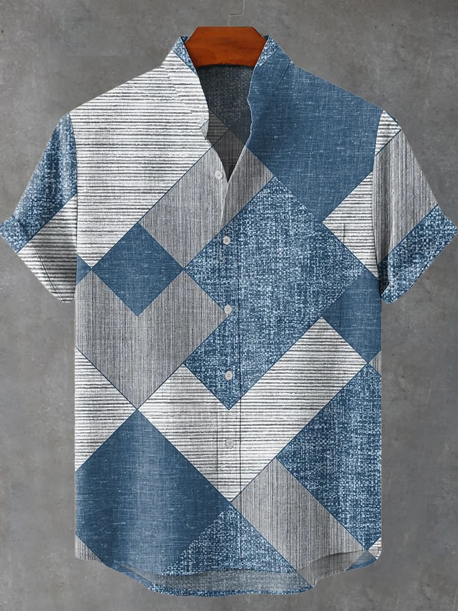 New men's artistic print, simple pattern, high-quality men's clothing, casual linen short-sleeved shirt, fast delivery