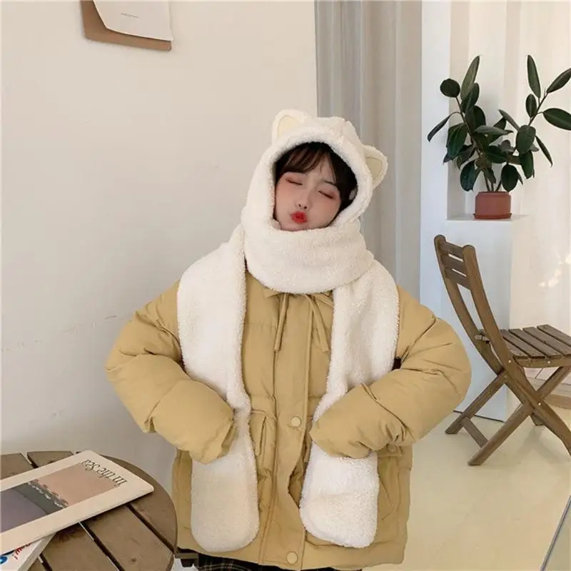 Soft Winter Warm Hooded Scarf Hat Headscarf Neckwarmer with Pocket Gloves for Cat Ears Fleece Plush Earflap Mittens