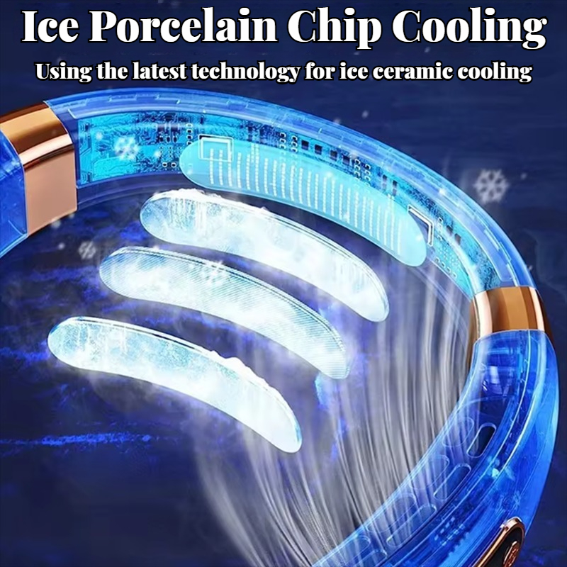 Portable Ice-Cooling Fan with LED Light, Silent Bladeless Halterneck Design for Personal Cooling and Outdoor Comfort