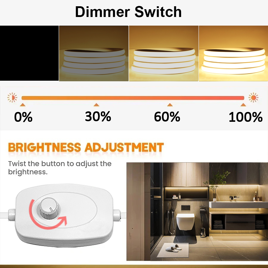 LED-Streifen, 220 V, selbstklebend, mit Dimmerschalter, COB-LED-Streifen, flexibles Band für Zimmer, Küche, Outdoor, Garten