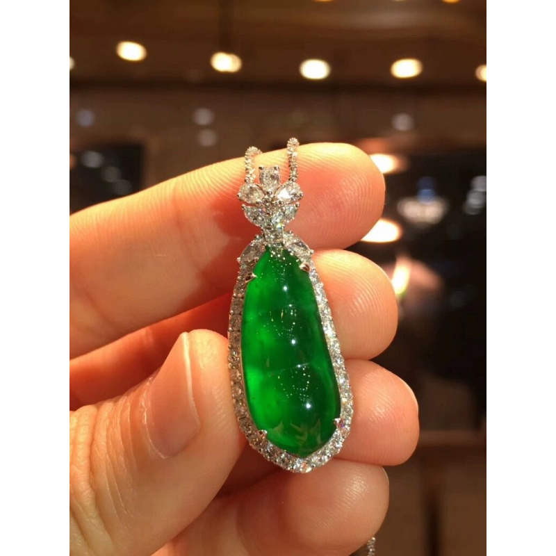 Jade Pendant Full Sun Green Jade Buddha Fortune Bean Ice TypeS925Silver Inlaid Imperial Green Jade Processed Four Seasons Bean