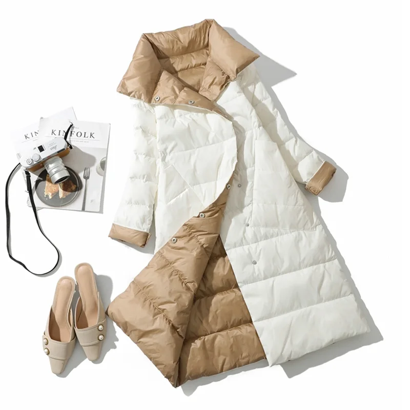 Winter New Women Stand Collar White Duck Down Long Jacket Double Breasted Warm Snow Parkas Double Sided Down Coatovet Coats