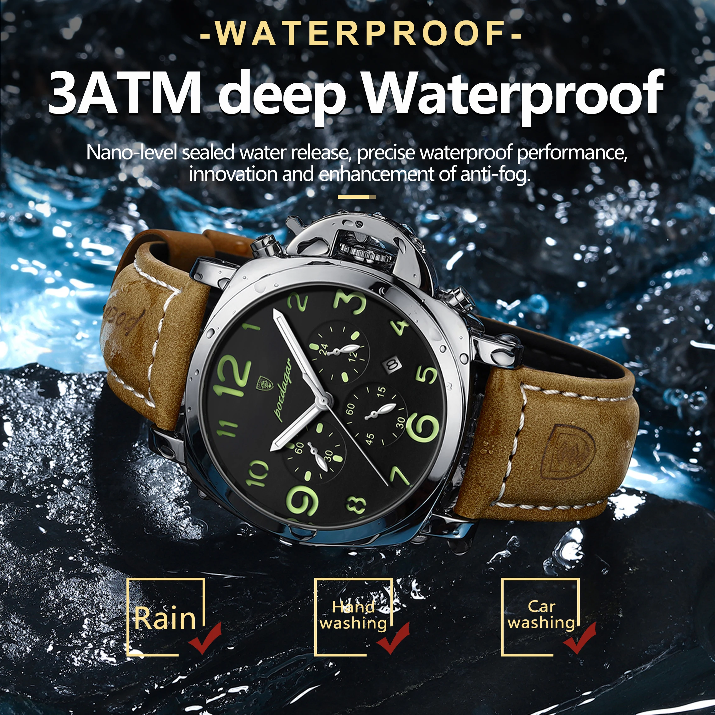 Reloj POEDAGAR de lujo para hombre, cronógrafo resistente al agua, reloj luminoso con fecha para hombre, relojes de cuarzo militares deportivos de cuero informales para hombre