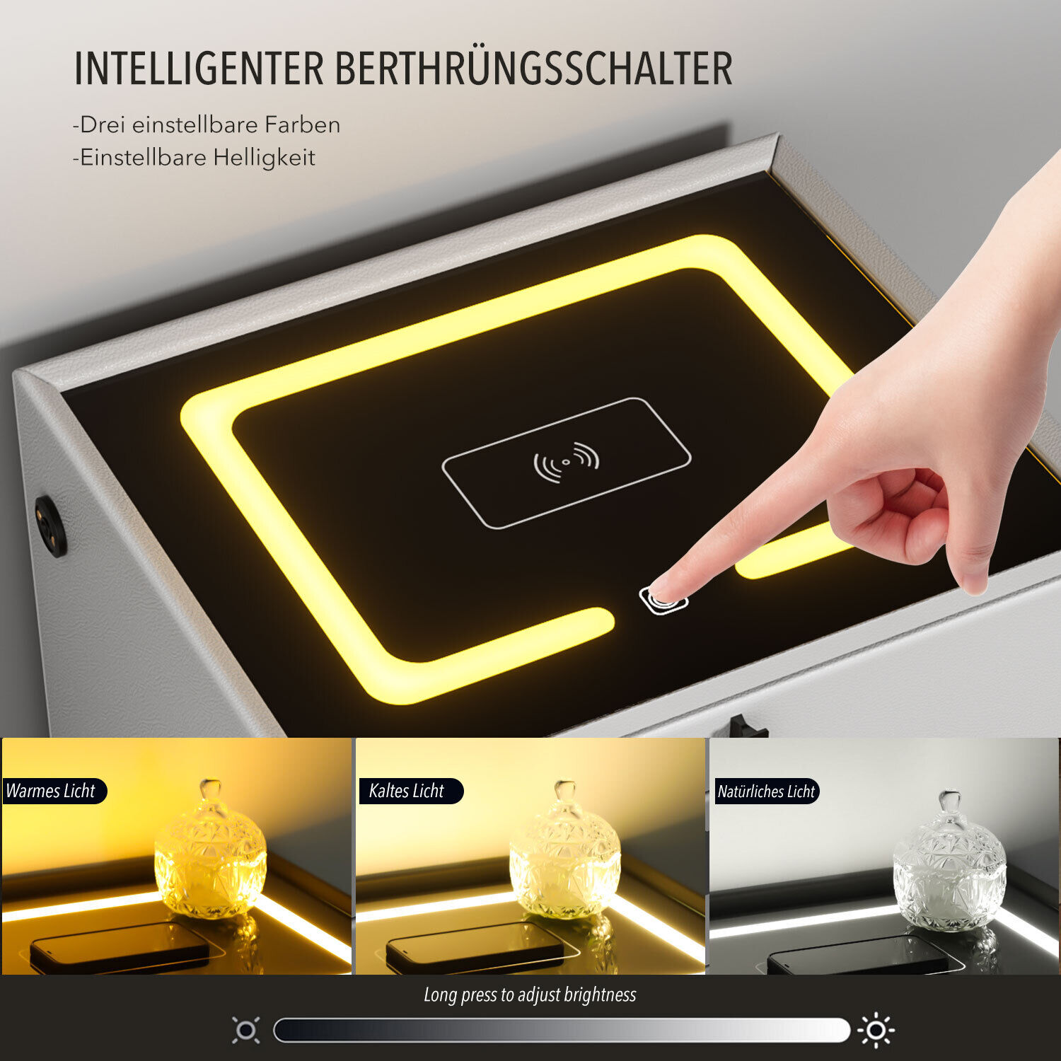 Mesa de cabeceira inteligente branca com carregamento sem fio, mesa de cabeceira com luz LED, mesa de cabeceira com 2 gavetas, cômoda para sala de estar