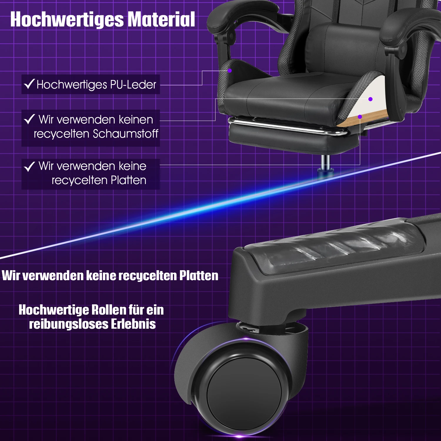 Sedia da gioco con luci a LED, altoparlanti Bluetooth, sedia da gioco ergonomica RGB per adulti, computer reclinabile regolabile in altezza