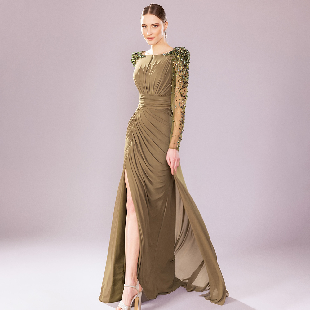 Robe de soirée en mousseline de soie fendue sur le côté pour la mère de la mariée, cristal, manches longues, colonne, robe de soirée formelle, quel que soit le vert, luxe