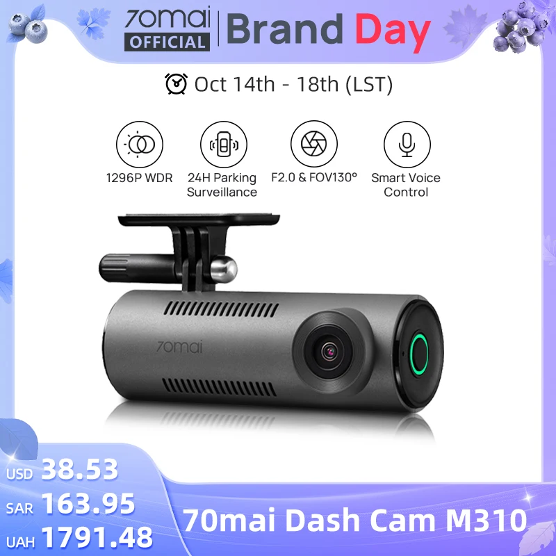 70mai Cámara de salpicadero M310 1296P Resolución 130 ° FOV Control de voz inteligente compatible 24H Guardia de estacionamiento Visión nocturna 70mai M310 Coche DVR