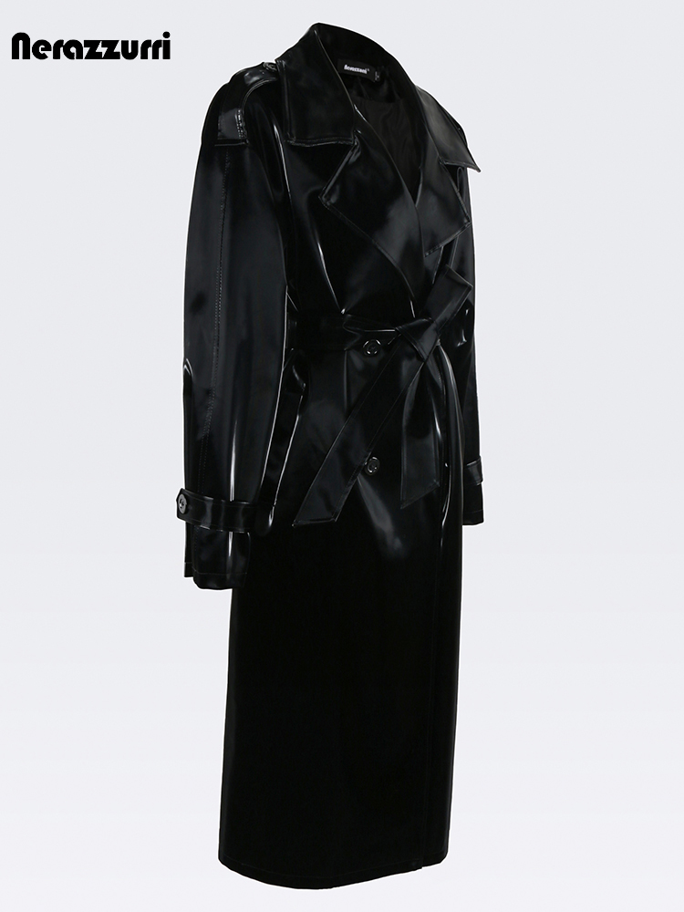 Nerazzurri ฤดูใบไม้ร่วงยาว Cool สีดําเงา Glitter สิทธิบัตรหนัง Faux Trench Coat สําหรับผู้หญิง Sashes Double Breasted ยุโรปแฟชั่น